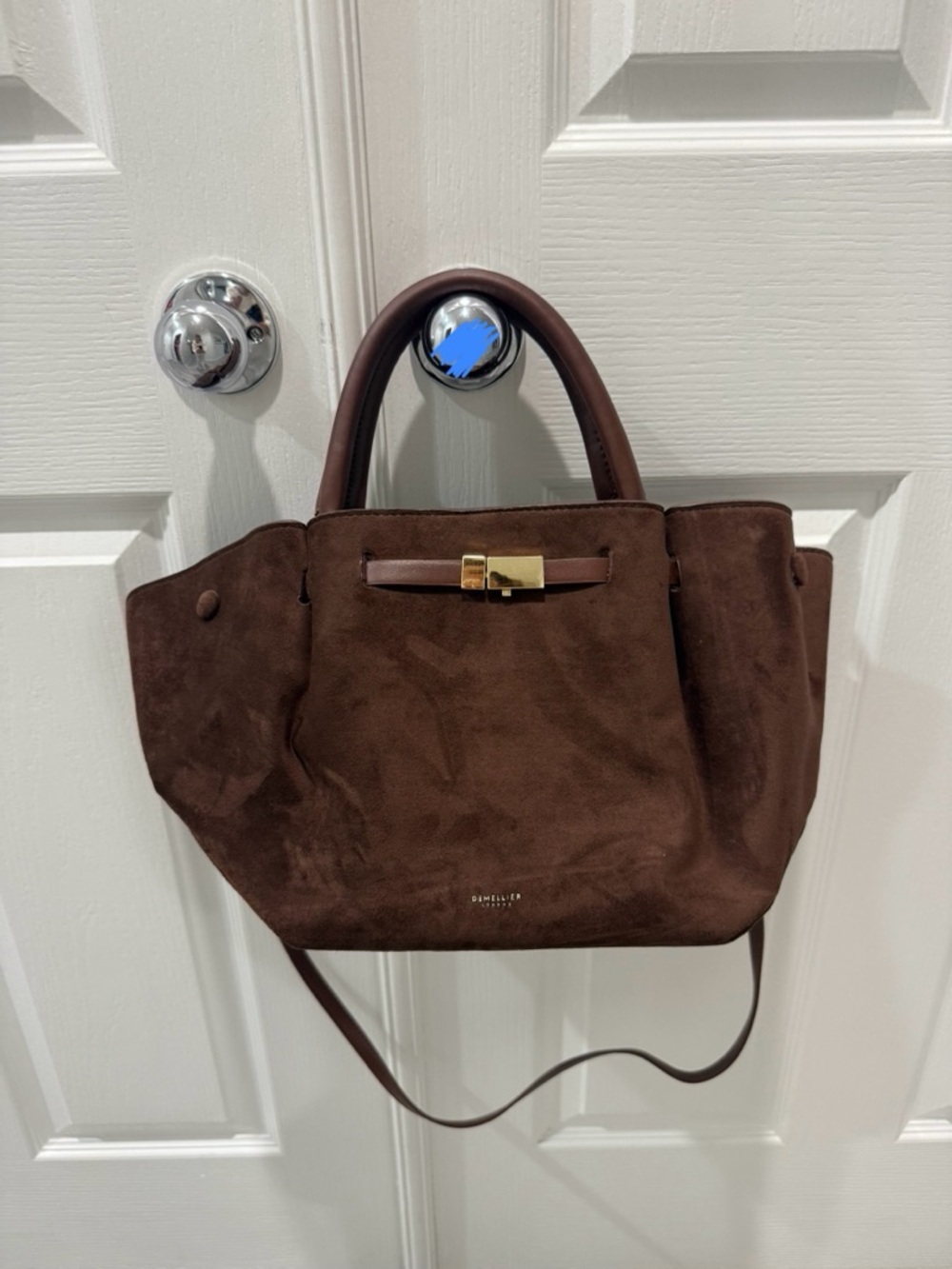 Chocolate Brown Suede Shoulder Tote with Gold Accent